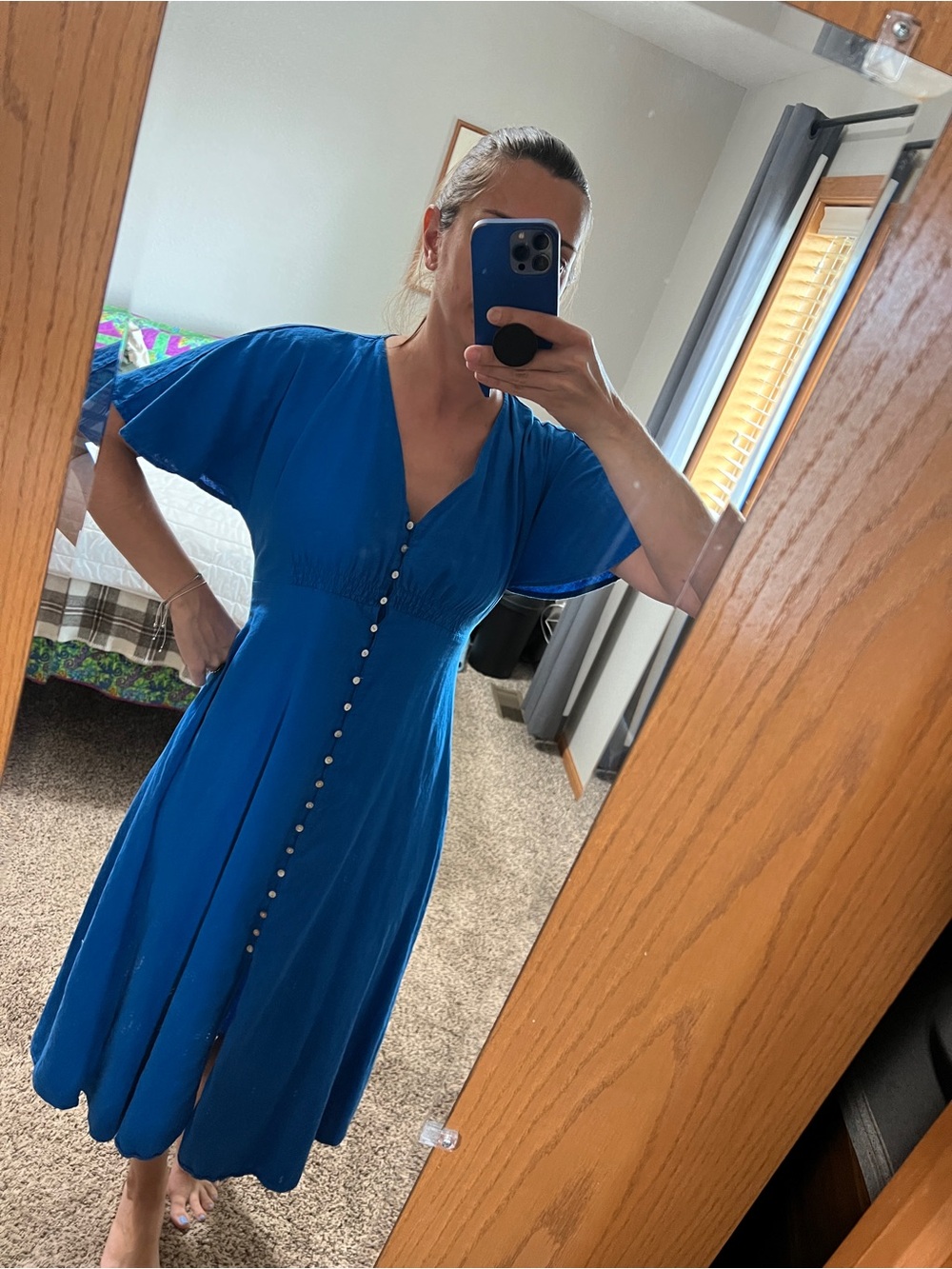 Mango Royal Blue Button-Front V-Neck Midi Dress